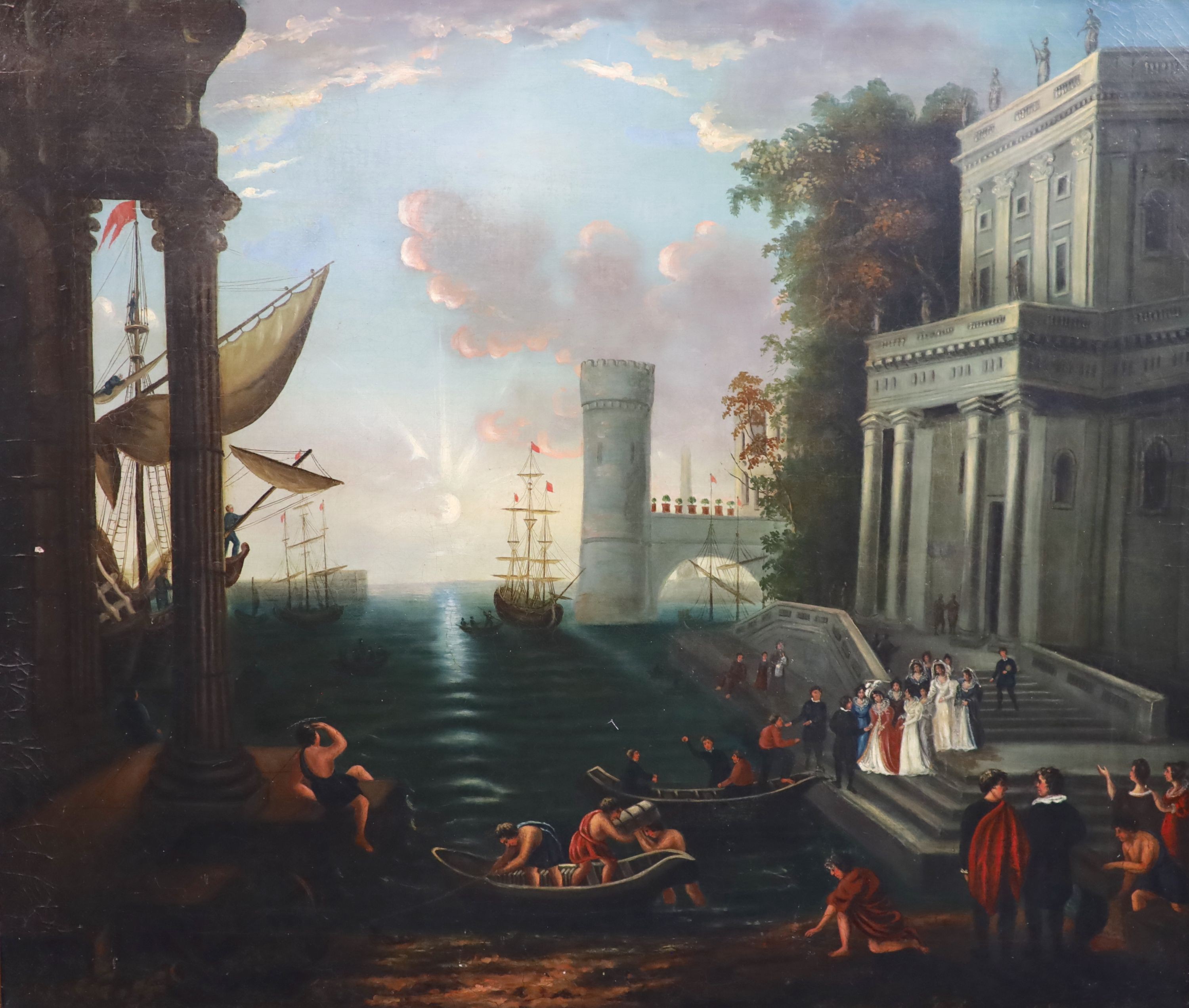 Italian School, follower of Claude Lorrain (French, 1600-1682), The Embarkation of the Queen of Sheba, oil on canvas, 66 x 76cm